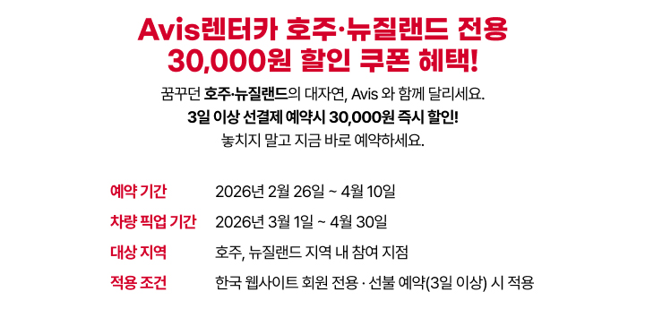 흰색 배경 위에 붉은색 제목으로 호주·뉴질랜드 전용 30,000원 할인 쿠폰 혜택이 안내되어 있습니다. 3일 이상 선결제 예약 시 30,000원을 즉시 할인해 준다는 내용이 강조되어 있습니다. 예약 기간은 2026년 2월 26일부터 4월 10일까지이며, 차량 픽업 기간은 2026년 3월 1일부터 4월 30일까지입니다. 대상 지역은 호주와 뉴질랜드 내 참여 지점이며, 한국 웹사이트 회원이 3일 이상 선결제로 예약할 경우 적용된다고 안내되어 있습니다.
