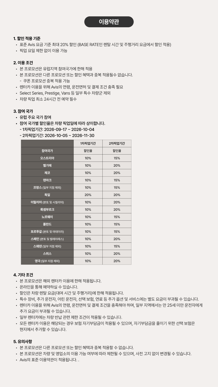 할인 적용 기준, 이용 조건, 참여 국가별 할인율, 기타 조건 및 유의사항 안내.