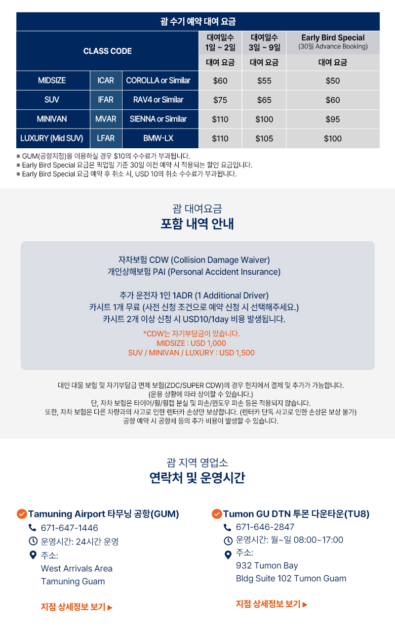 괌 수기 예약 대여 요금표와 포함 내역, 영업소 정보 안내 이미지